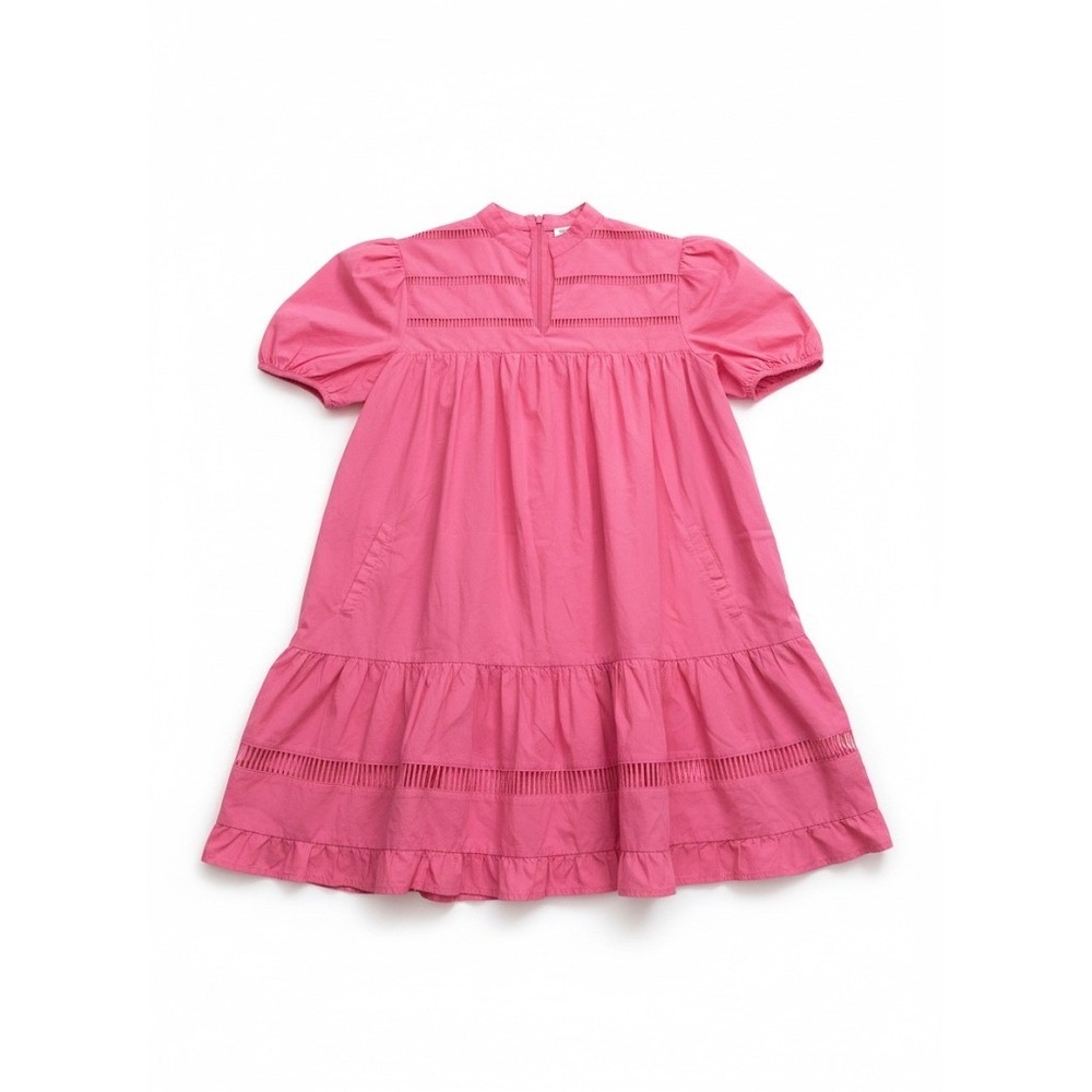 By Egreis Pink Puff Sleeve Tiered Ruffle Cotton Midi‎ Dress S Babydoll Lined